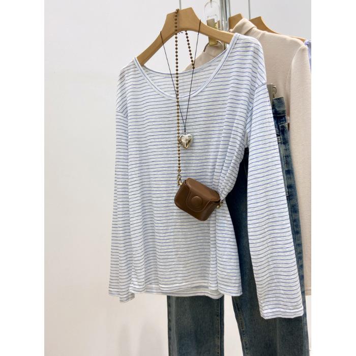 Striped, autumn loose lazy style long-sleeved women s Korean striped T-shirt diagonal collar top tide S