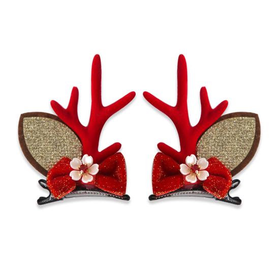 

1 пара рождественских заколок для волос, праздничный дизайн с оленьими рогами, декор из искусственного жемчуга и плюшевых шариков, заколки для волос, реквизит для фотосъемки на рождественской вечеринке D