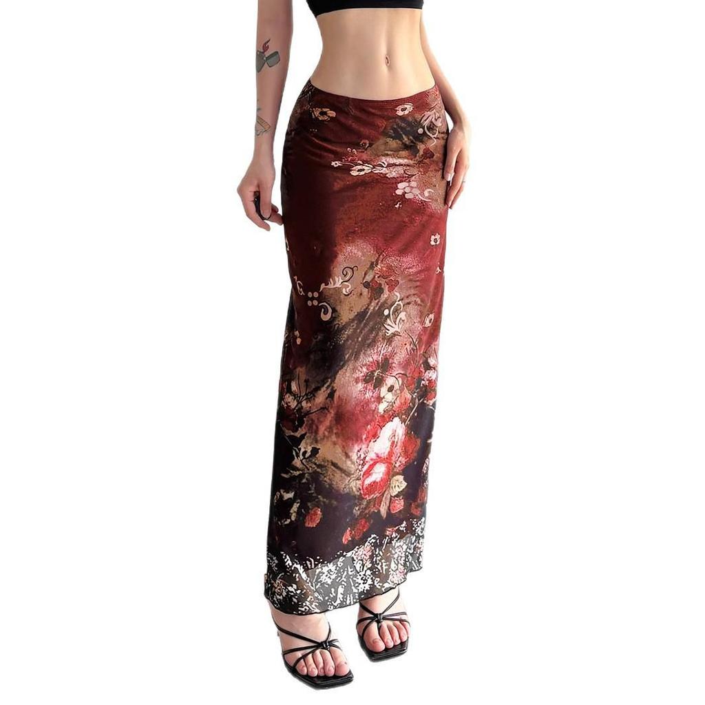 Retro Tie-Dye Mesh Patchwork High Waist A-Line Skirt
