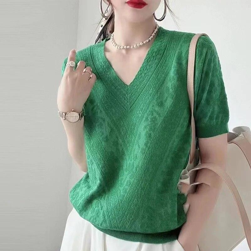 Elegant V-neck Short Sleeve Shirt Summer Ice Silk Lace Blouse Sweater Women Casual Hollow Out Tops Lady Loose T-shirt 26294