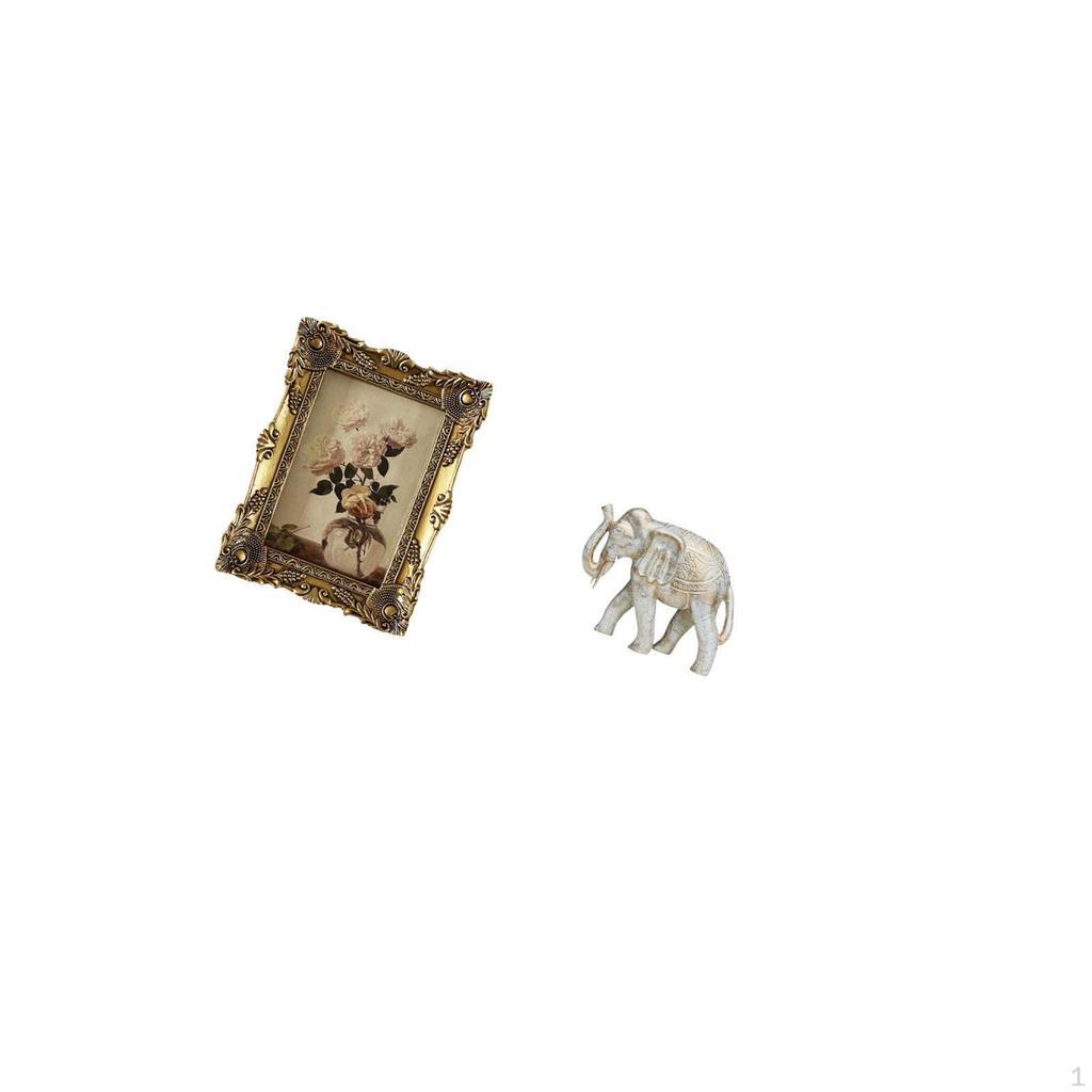 Vintage Ornate Resin Photo Frame with Hand Carved Wooden Elephant Figurine Rustic Animal Statue for