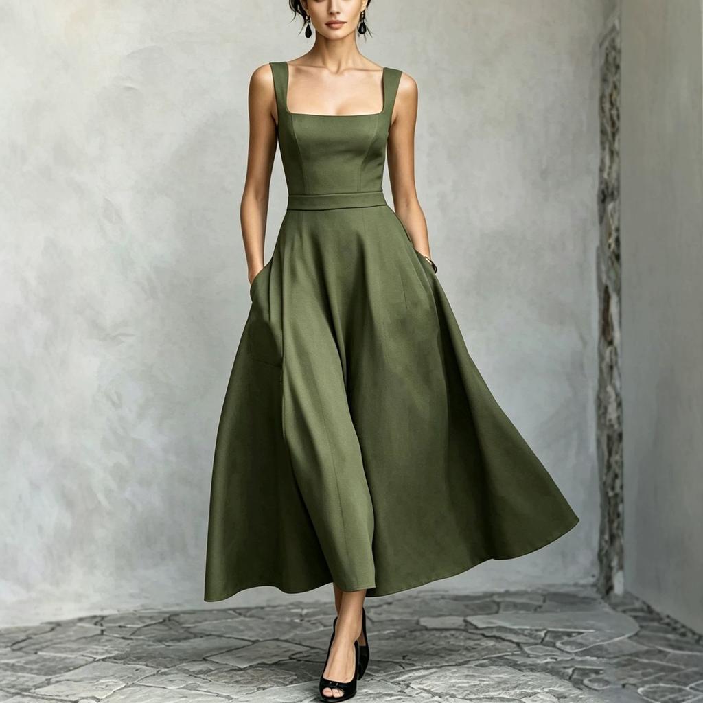Summer new European and American women's clothing temperament square collar sleeveless waist suspender dress women