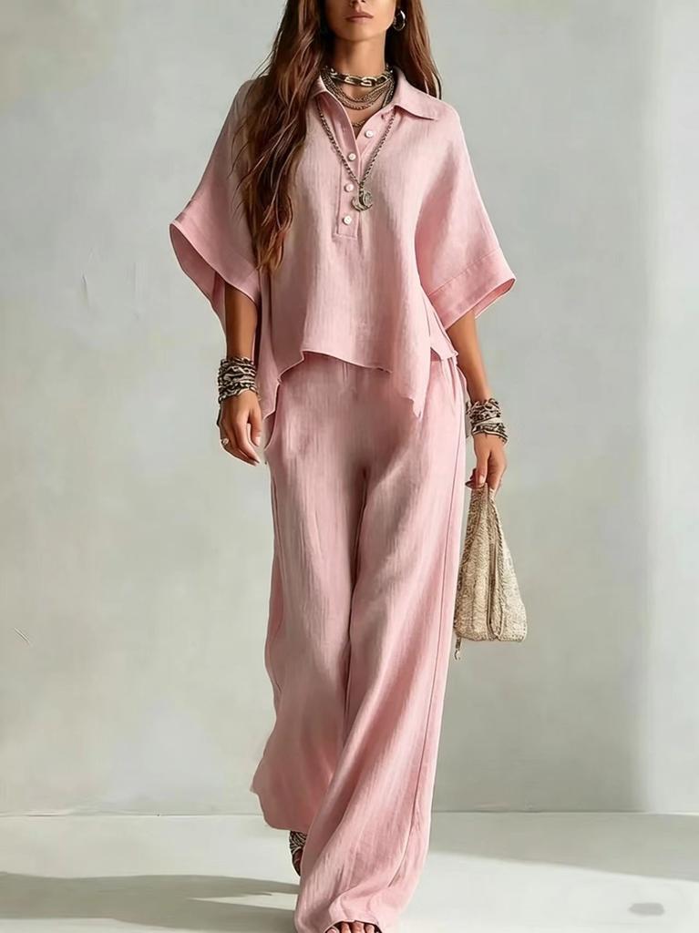 2026 New European and American Style Linen Wide-leg Pants Set Women's Summer Loose Shirt Two-piece Set Fashion Casual Trendy