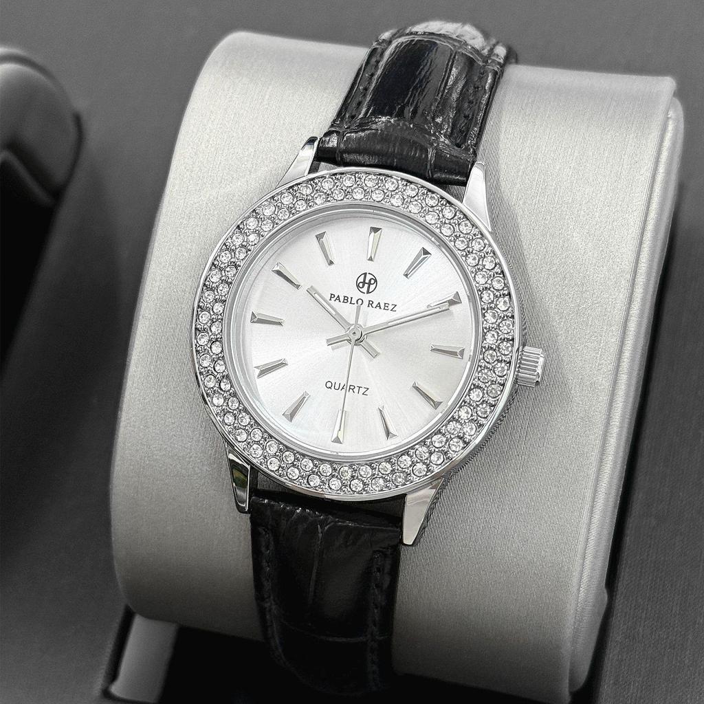 Pablo Raez Women's Quartz Rhinestone Watch with Leather Strap - Trendy & Versatile Gift