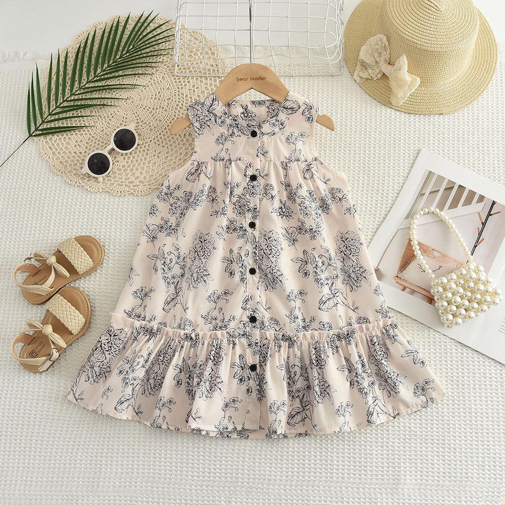 Girls Summer Chinese Dress Chic Ink Wash Floral Print Sleeveless Vest Dress Kids Fashion Clothing 110cm