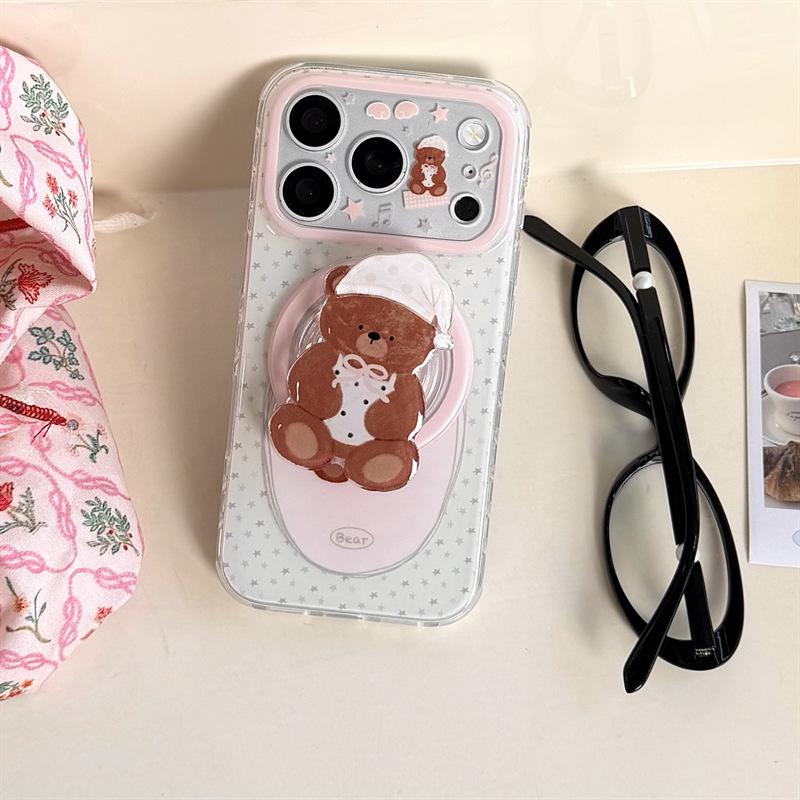 Japanese Korean Polka Dot Little Bear Sleep Cap Phone Case for iPhone 14-17/16 Pro Max.