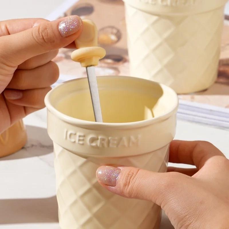 320ML Cute Ice Cream Cone Ceramic Cup Girl Heart Red Mug High Appearance Level with Cover Scoop Water Cup Breakfast Cup