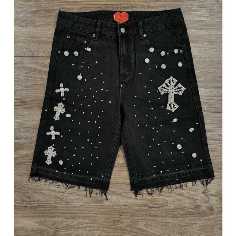 High Street Hip Hop Rhinestone Cross Straight Denim Knee Length Shorts