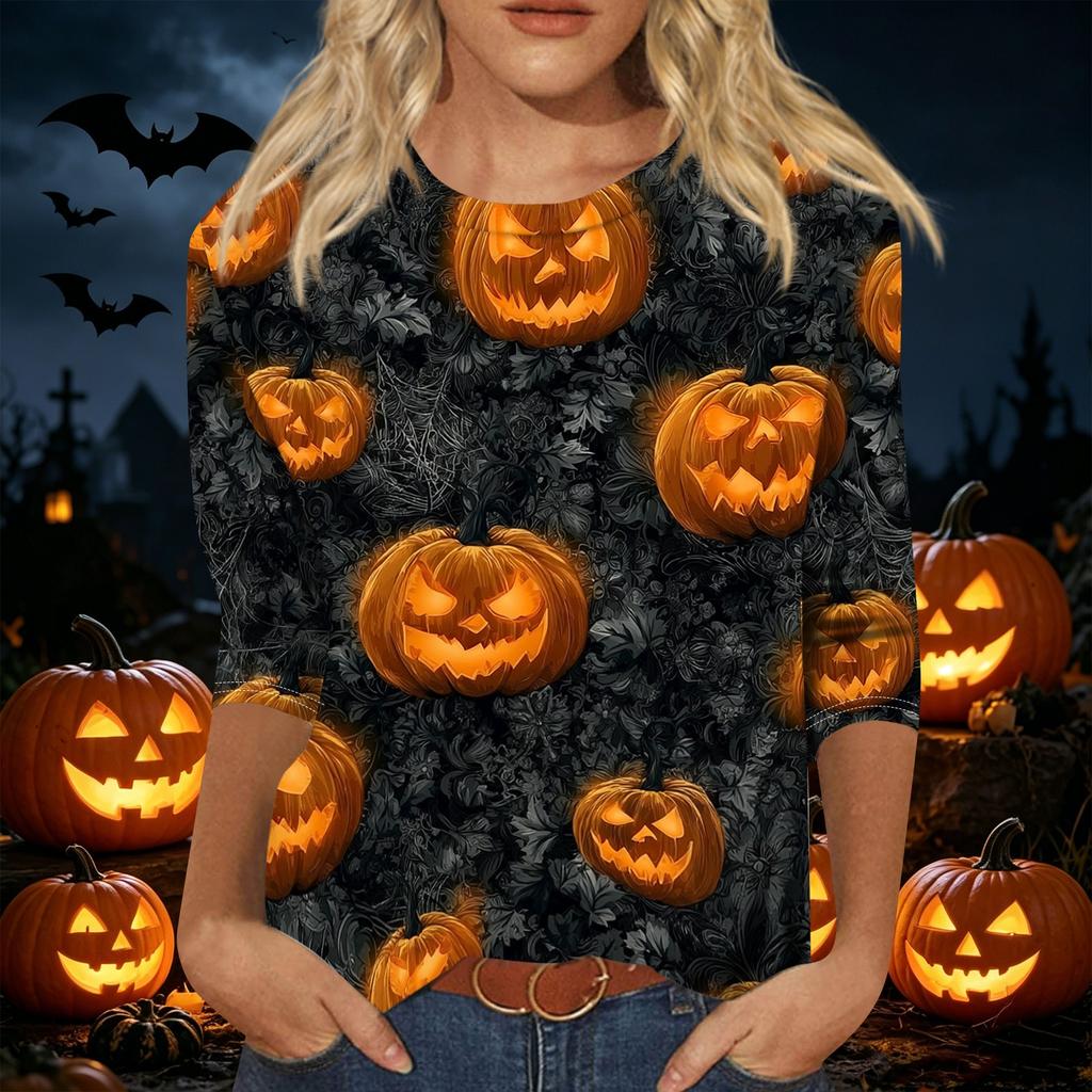 Women's Casual 3/4 Sleeve Halloween Print Pullover Top Crew Neck Lightweight Fall Shirt