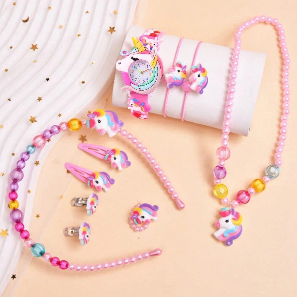 Children's Necklace Unicorn Quartz Watch Ear Clip Scrunchie Set Explosive European and American Ear Clip Scrunchie Ring