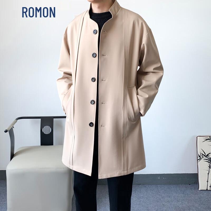 ROMON Men's Mid-Length Stand Collar Trench Coat