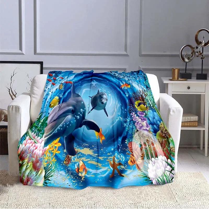 Ocean Dolphin Pattern Blanket Sofa Blankets for Beds Super Soft Warm Blanket Cover Flannel Throw Blanket Lightweight King Size