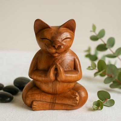 Carved Wooden Incense Burner Large Yoga Cat