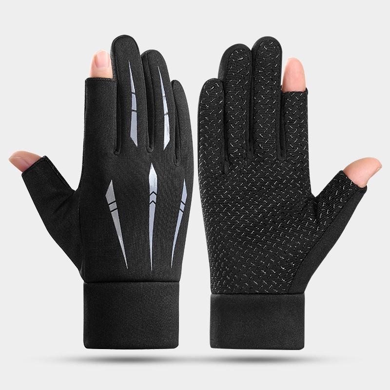 Men's Winter Touchscreen Cycling Gloves - Non-Slip, Velvet-Lined, Two-Finger Design for Driving, Motorcycle Riding, and Fishing.