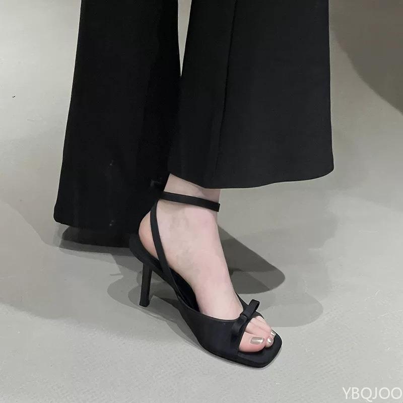 Summer new style elegant slim heel bow sandals fashionable square toe with high heels for women's outdoor wear