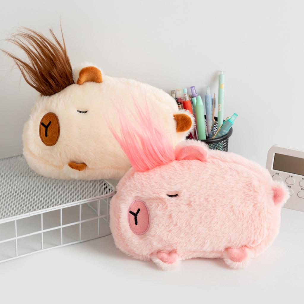 Cute Capybara Plush Pencil Case Large Capacity Spiky Hair Zipper Pen Pouch For Teens Students School Travel Makeup Storage Bag