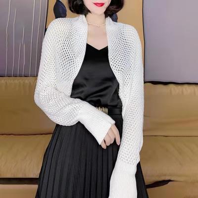 Women Cardigan Hollow Design Open Front Shawl Coat Solid Color Long Sleeve Knitting Cover Up Breathable Sunscreen Jacket