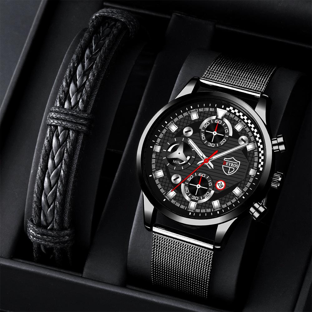 Stainless Steel Mesh Strap Men'S Watch Trend Fashion Calendar Luminous Quartz Watch