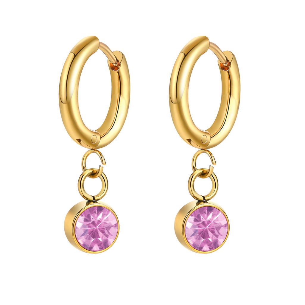 12 Colors Birthstone Huggie Earrings for Women, PVD Gold Color Tone Stainless Steel Brilliant AAA Cubic Zirconia Dangle Ear Clip