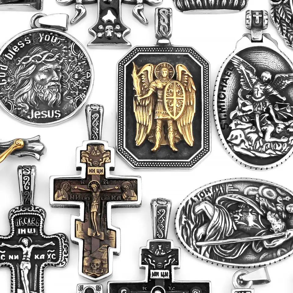 Edelstahl Jesus Kreuz Anhänger Wikinger Halskette Herren Schild Drachentöter Amulett Anhänger Nikolaus Jugend Schmuck