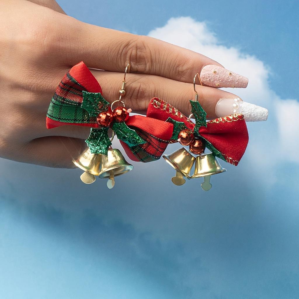 Christmas fresh, sweet, cute, creative linen, mini bow, bell, earring, women's accessory