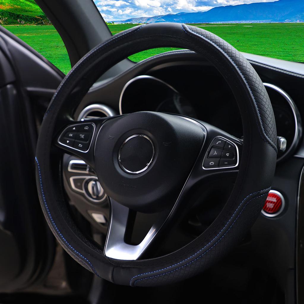 1 Plaid PU Embossed Leather Automotive Supplies Steering Wheel Cover Without Inner Ring Fits 14.5-15 Inches