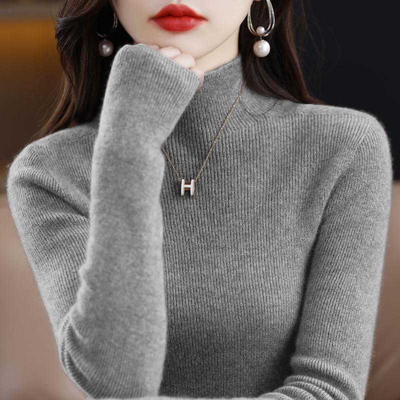 2025 Women's Slim Fit Wool Knit Sweater - Black Half High Neck, Autumn Winter Base Layer