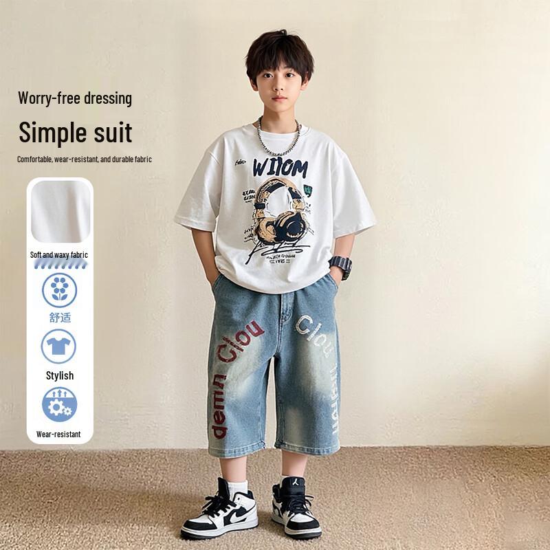 Frog Prince Boy s Summer Letter Print T-Shirt & Denim Shorts Set 140