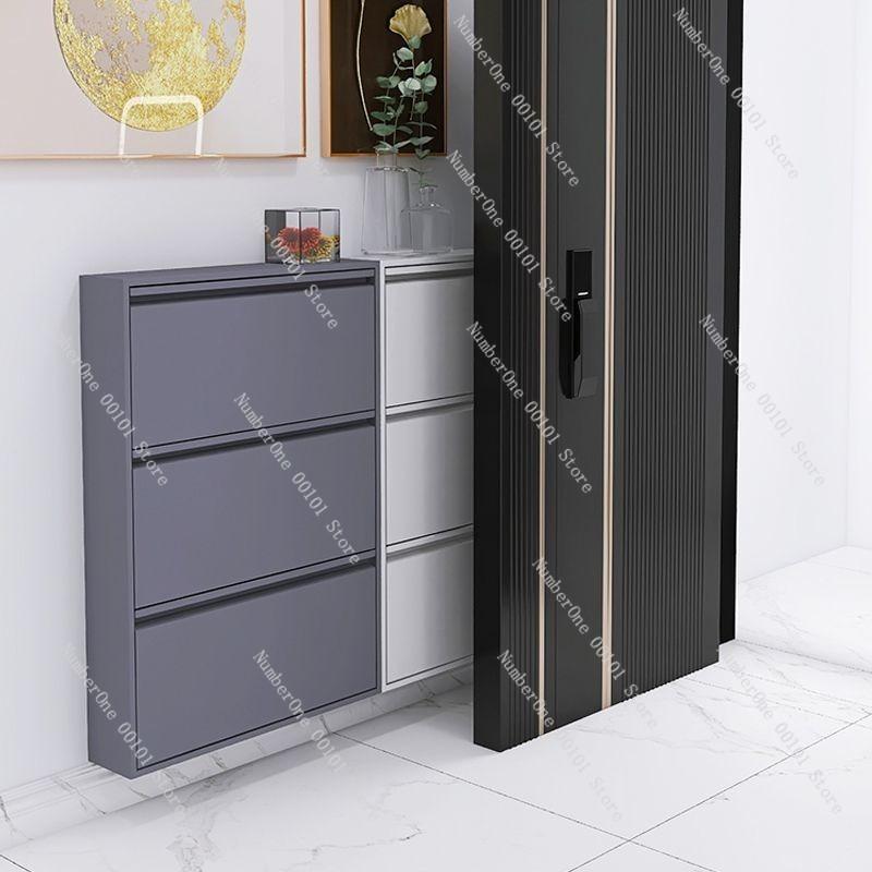 Ultra-Thin Steel Flip-Top Shoe Cabinet, Wall-Mounted Narrow Shoe Cabinet for Small Apartments and Entrance Foyer Storage