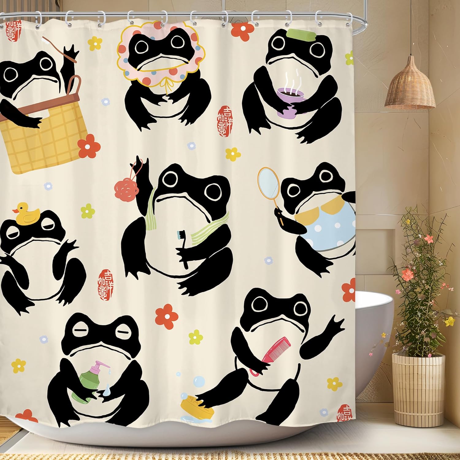 

Frog Shower Curtain Cute Cartoon Design Bathroom Decor Japanese Style Frog Art Print Waterproof Bath Curtain Funny Animal Theme W60H190(CM)-1 Pcs