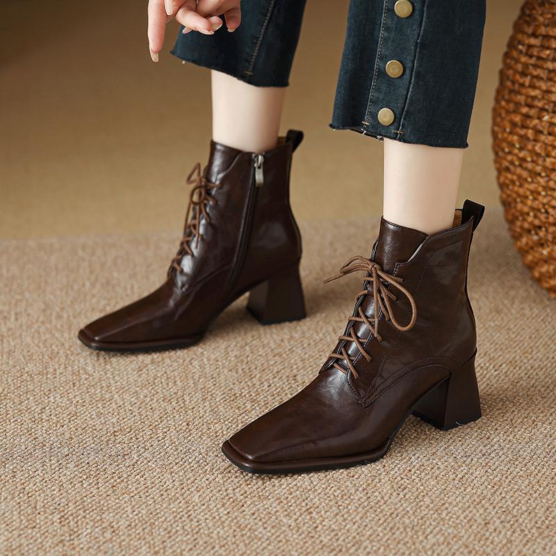 

Модные женские осенне-зимние ботинки с квадратным носком и высоким каблуком, черные кожаные ботинки, женские ботинки на шнуровке ручной работы, женские ботильоны 39