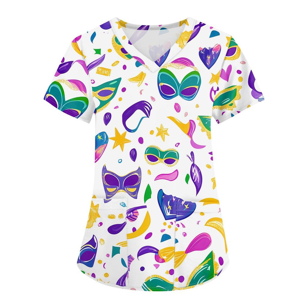 Módní dámské pracovní oděvy s výstřihem do V a krátkým rukávem s kapsami