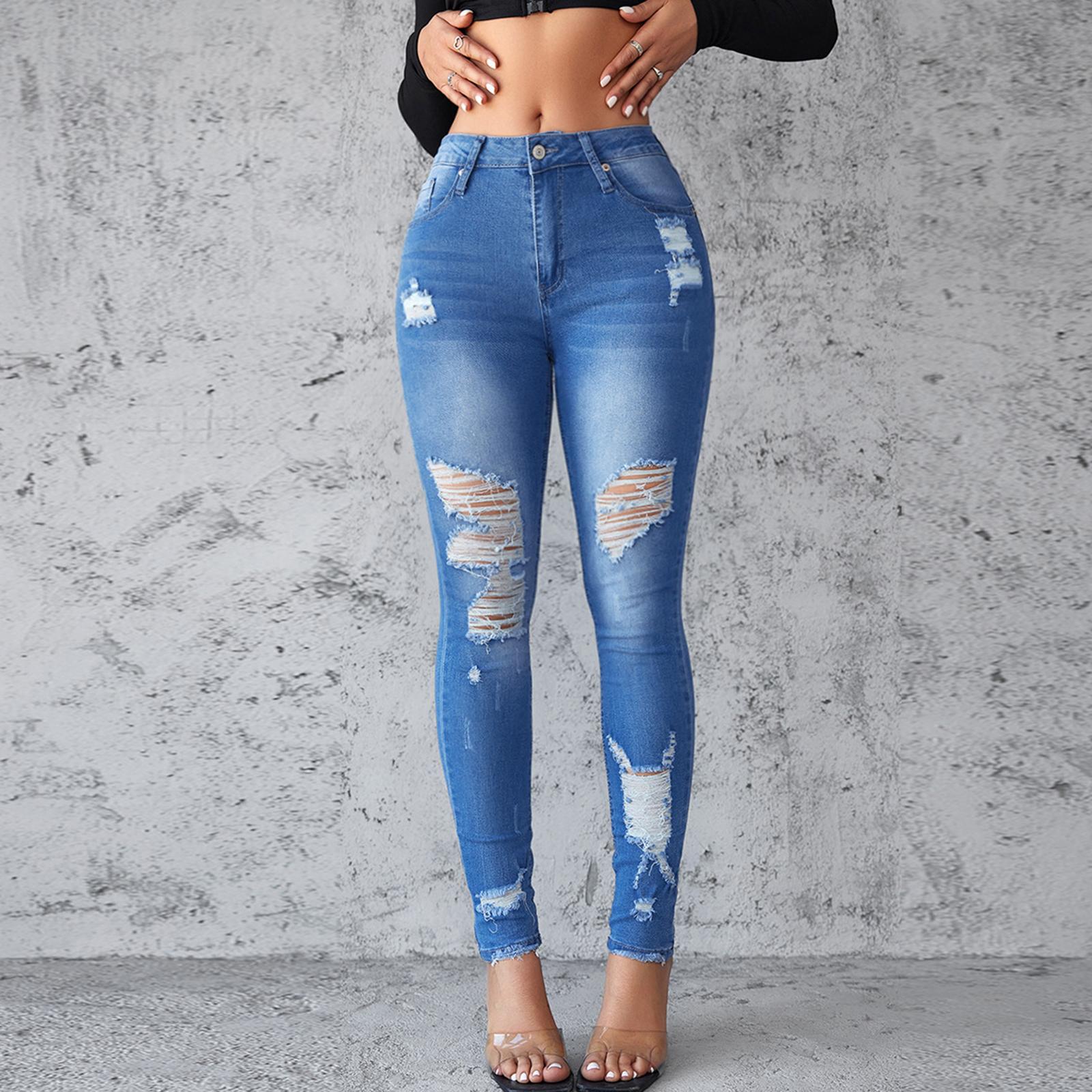 

Women s High Waist Washed Women s Jeans Fashionable Versatile Straight Leg Pants M синий