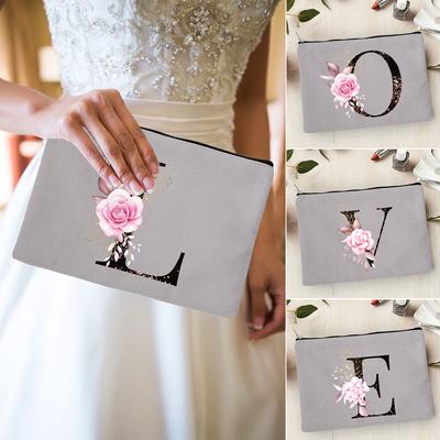 Pink Flowers Alphabet Canvas Cosmetic Storage Bags Married Party Toiletries Organizer Makeup Pouch Female Casual Make Up Bag