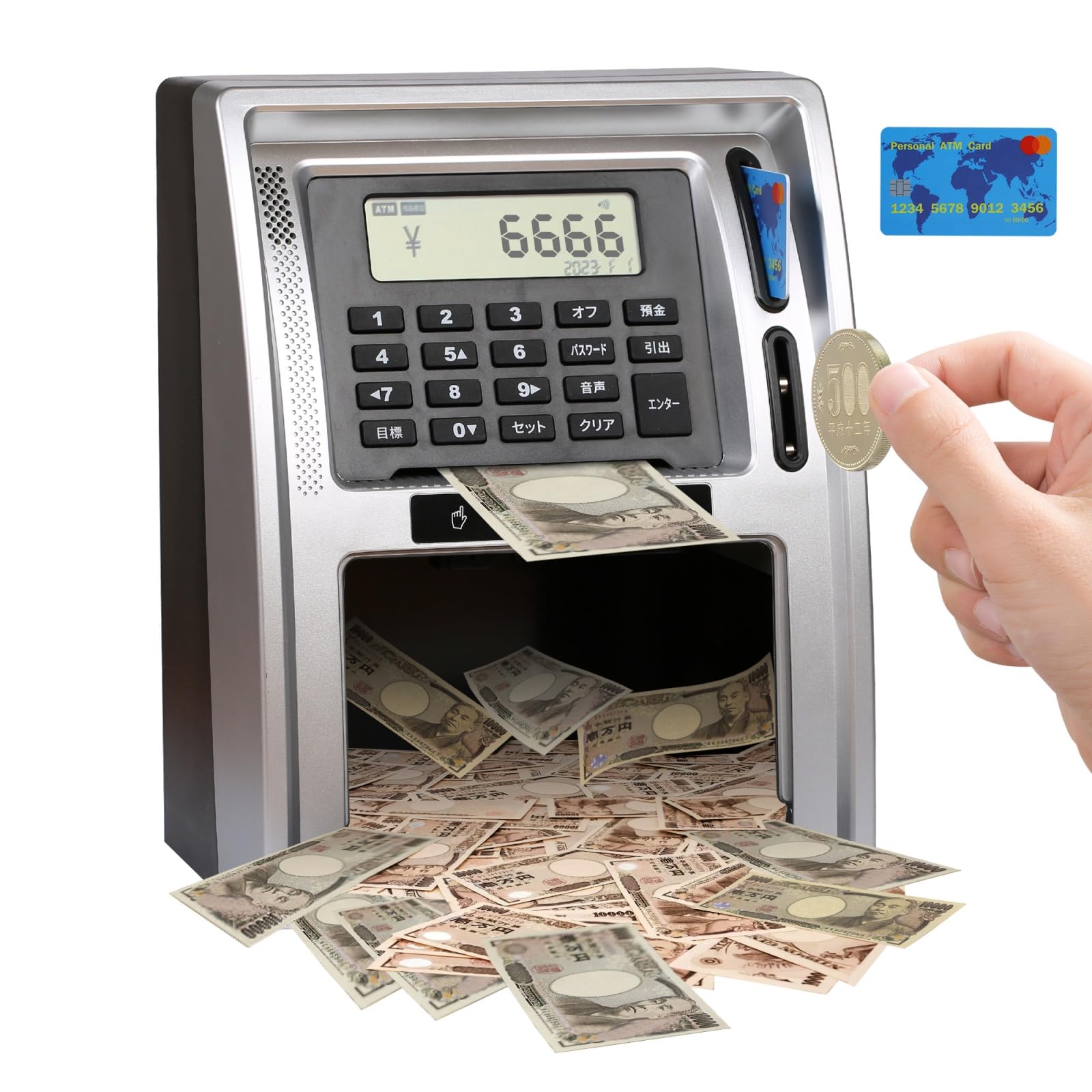 Electronic Piggy Bank ATM Bank for Kids - Fun, Cute, Stylish, Black - Holds up to 1 million yen in 500 yen coins - Automatically displays amount, voic