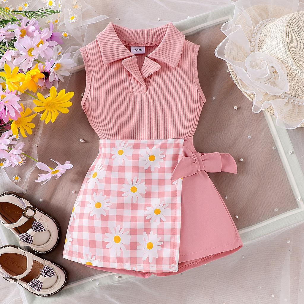 Girls Fashion Suit Summer Children's Lapel Sleeveless Top + Plaid Patchwork Trouser Skirt Suit