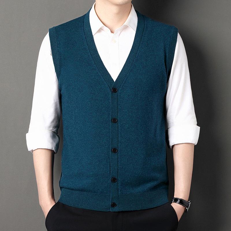 100% Pure Wool Men's Winter 2025 Cardigan Vest - Sleeveless, Middle-aged Style Sweater