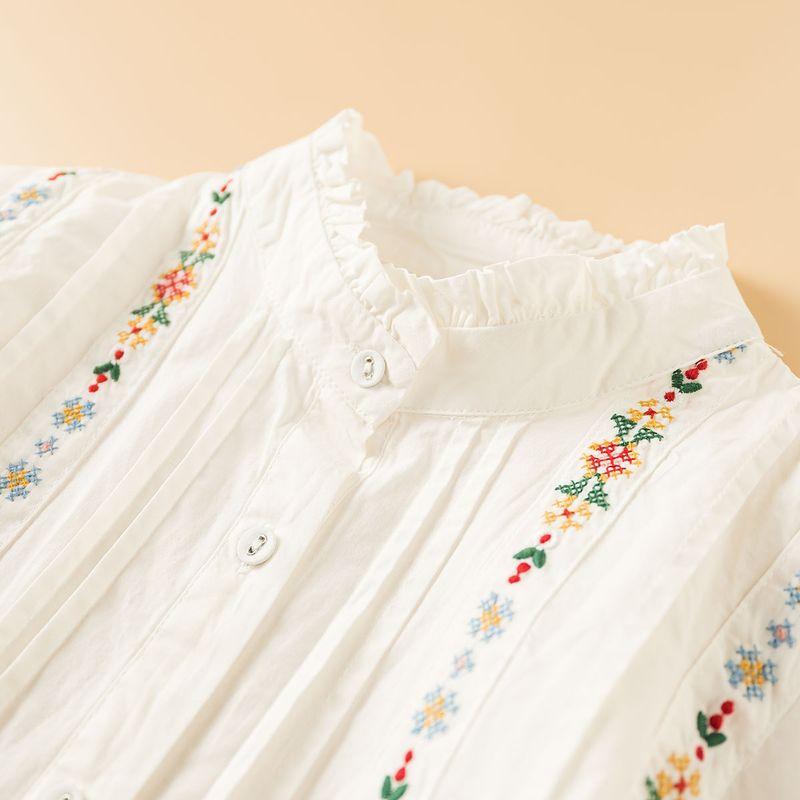 

Niche Design Retro Embroider Shirt 2023 Fall New Arrival French Artsy Small Stand Collar Loose Striped Top White One size