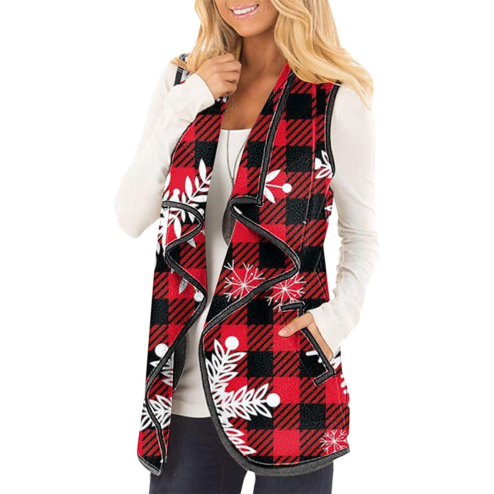 

Женский жилет в клетку с карманами без рукавов и лацканами с открытой передней частью, кардиган, куртка