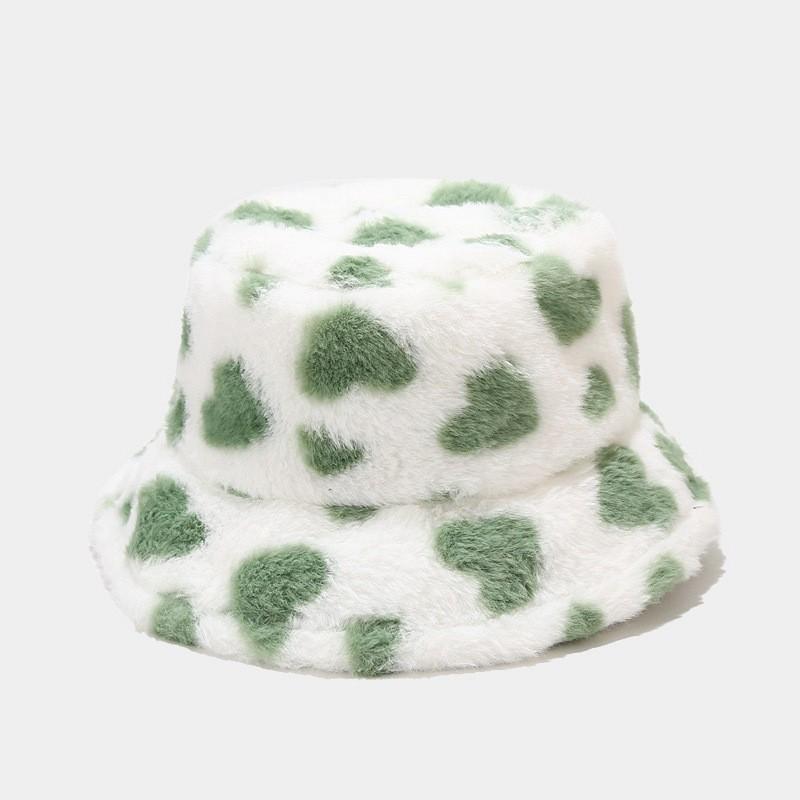 Plush Wool Winter Bucket Hat With Heart Pattern For Cozy Outdoor Wear зелёный
