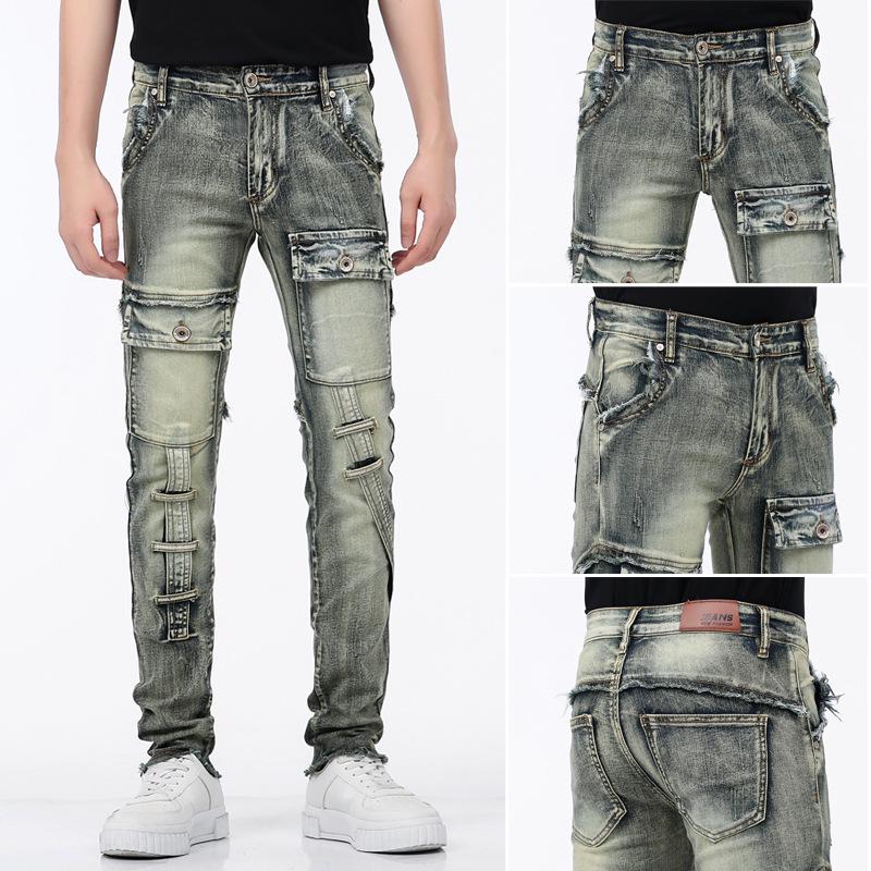 Men's Trendy Slim-Fit Stretch Jeans - Retro Motorcycle Style Skinny Work Pants for Spring and Autumn