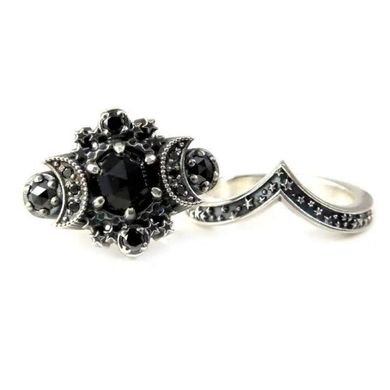 New Gothic Universe Moon Ring Set for Women Vintage Creative Pentagram Black Party Vacation Jewelry Halloween birthday Gifts