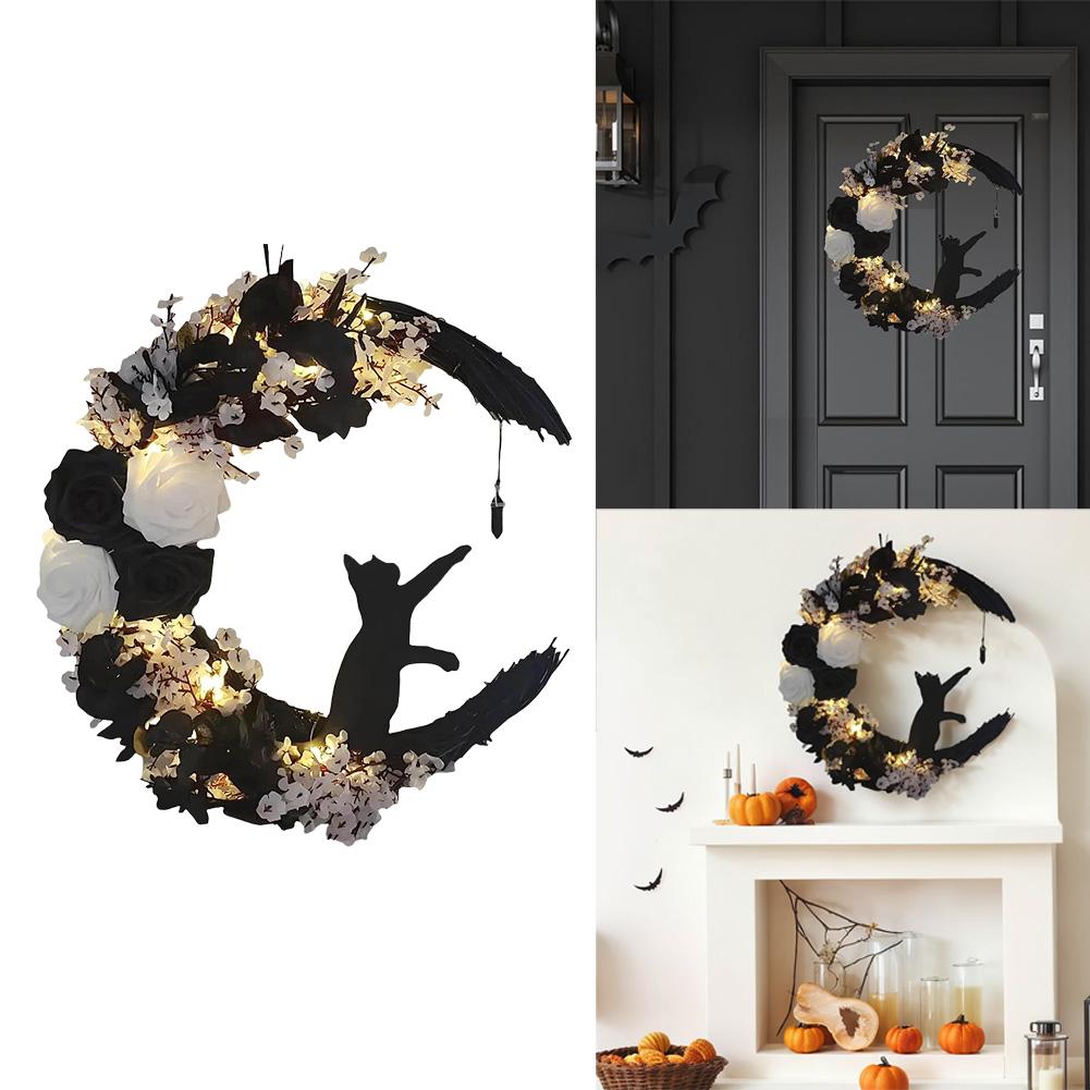 Gothic Wreath Decoration with Lights Halloween Moon Wreath with Black Cat Halloween Moon Cat Wreaths Halloween Decorations
