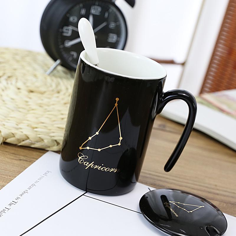 Schwarzes Sternzeichen Keramiktassen-Set - Kreative Kaffeetassen für Paare mit Deckel und Löffel