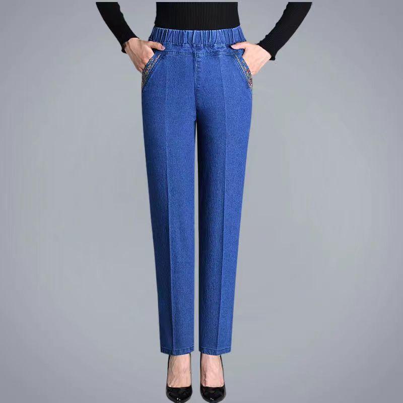 Women's Summer Straight-Leg Elastic-Waist Jeans: Stretch Slimming Trousers for Middle-Aged Moms, Loose-Fit High-Waisted