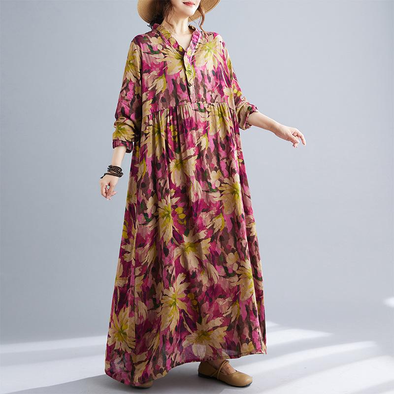 Early Autumn Bohemian Retro Cotton Linen Print Loose Sleeved Long Dress for Women Dresses