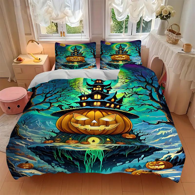 3pcs Halloween Pumpkin House Duvet Cover Set - Machine Washable, Includes 1 Cover and 2 Pillowcases, No Core Included Yy251013049