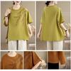 JoccKorr Short Round Side Solid Plus Sizes Loose Everyday Women's T-Shirt, Blouse, Sleeve, Collar, Cotton-Linen, Embroidered, Slit, Color,
