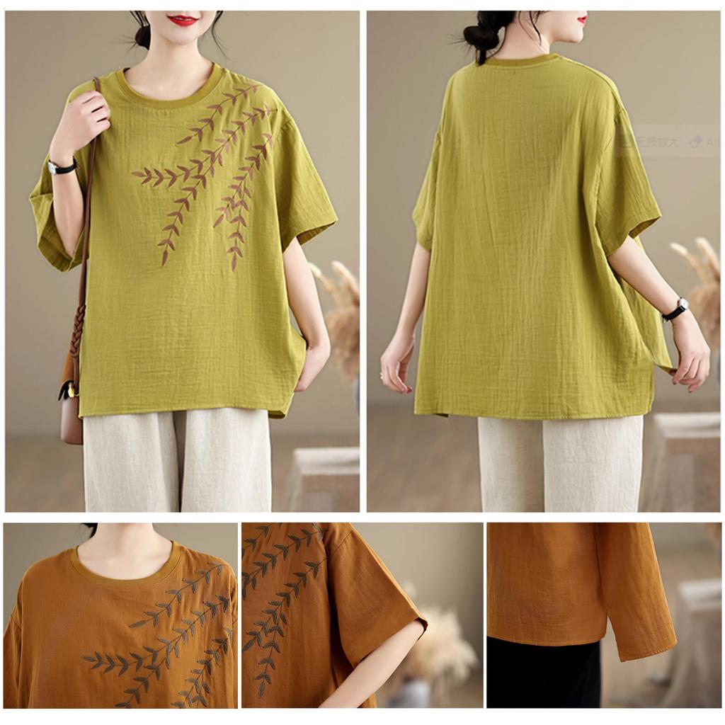 JoccKorr Short Round Side Solid Plus Sizes Loose Everyday Women's T-Shirt, Blouse, Sleeve, Collar, Cotton-Linen, Embroidered, Slit, Color,