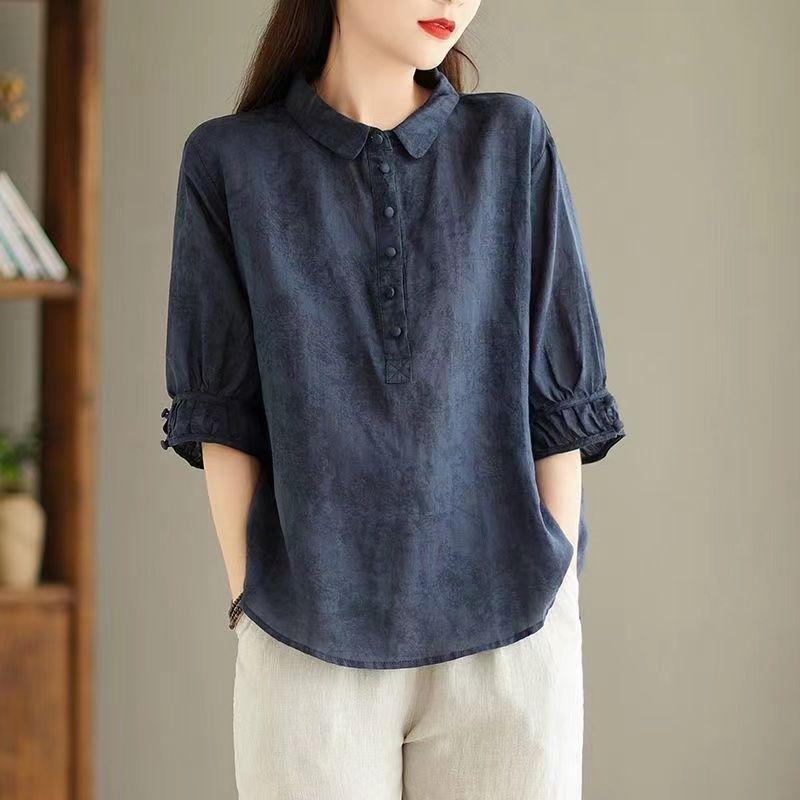 Women's Jacquard Collar Shirt Fashion Retro Women's Mid Sleeve Shirt Thin T-shirt